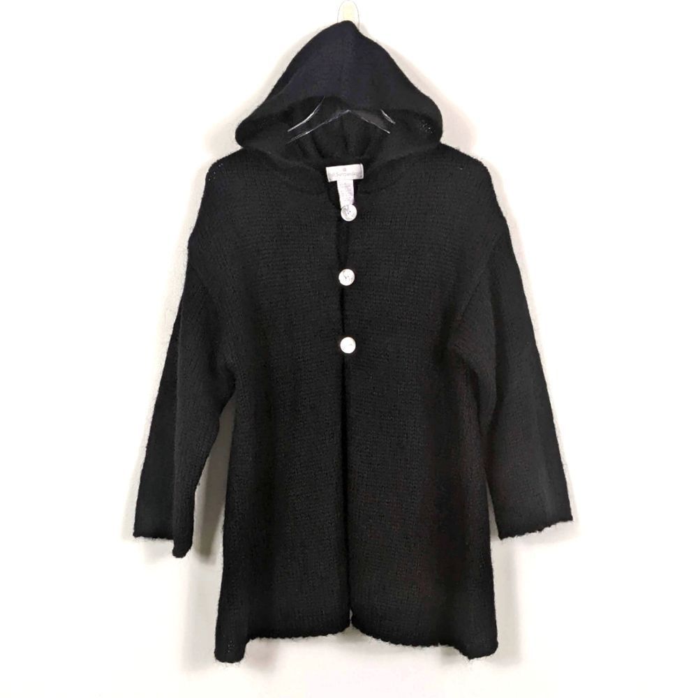 Soft Surroundings Black Mohair Wool Chunky Knit Hooded Sweater Cardigan Small